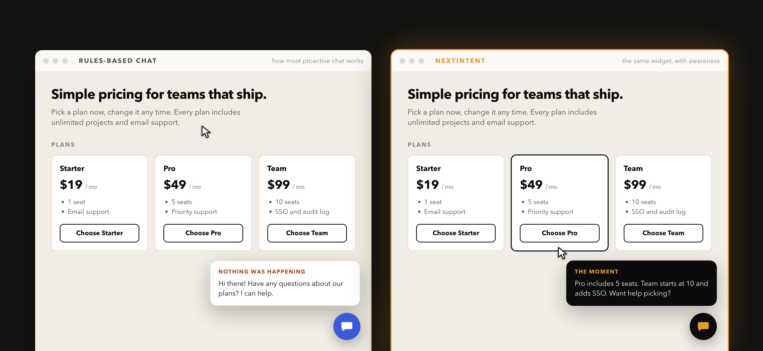 Two pricing pages side by side, one with a rules-based chat widget and one with NextIntent